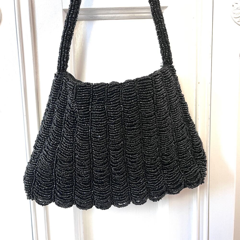 Black Beaded Evening Handbag Handled Purse Snap Closure India K.C. Malhan Glam